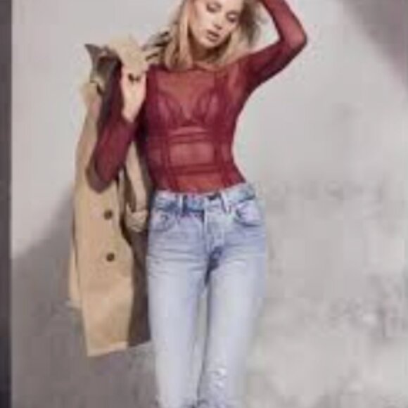 NWT Victoria's Secret Fishnet Bodysuit Square Neck in Burgundy Size Medium - Picture 1 of 11